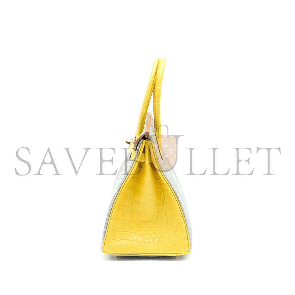 H**mes master birkin 25 crocodile leather pearl grey and yellow bag gold buckle h041354ck2s (25*20*13cm)
